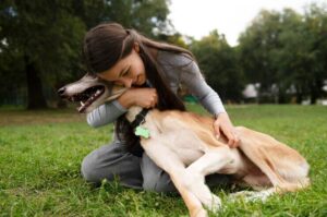 Tutora recompensando cão com carinho durante o treinamento