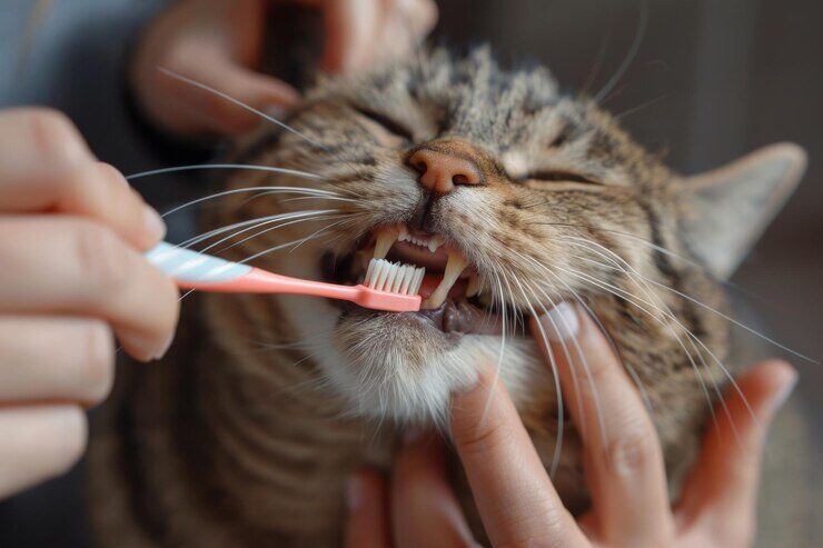 Tutor escovando os dentes de seu gato